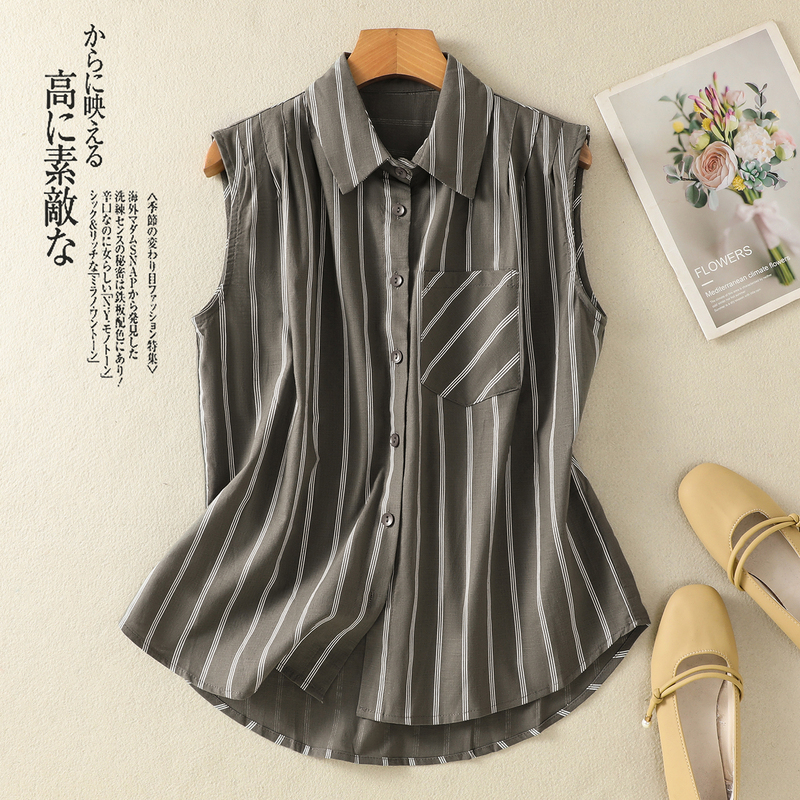 High-End Korean-Style Olive Green Polo Shirt, Linen Striped Sleeveless Vest, Women's Cotton-Linen Top for Summer