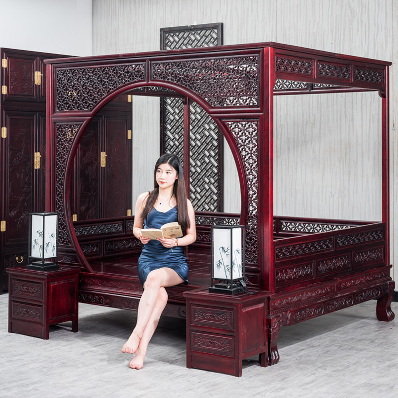 Qiangong step bed solid wood shelf bed moon hole bed step bed elm pineapple grid wedding homestay new Chinese furniture