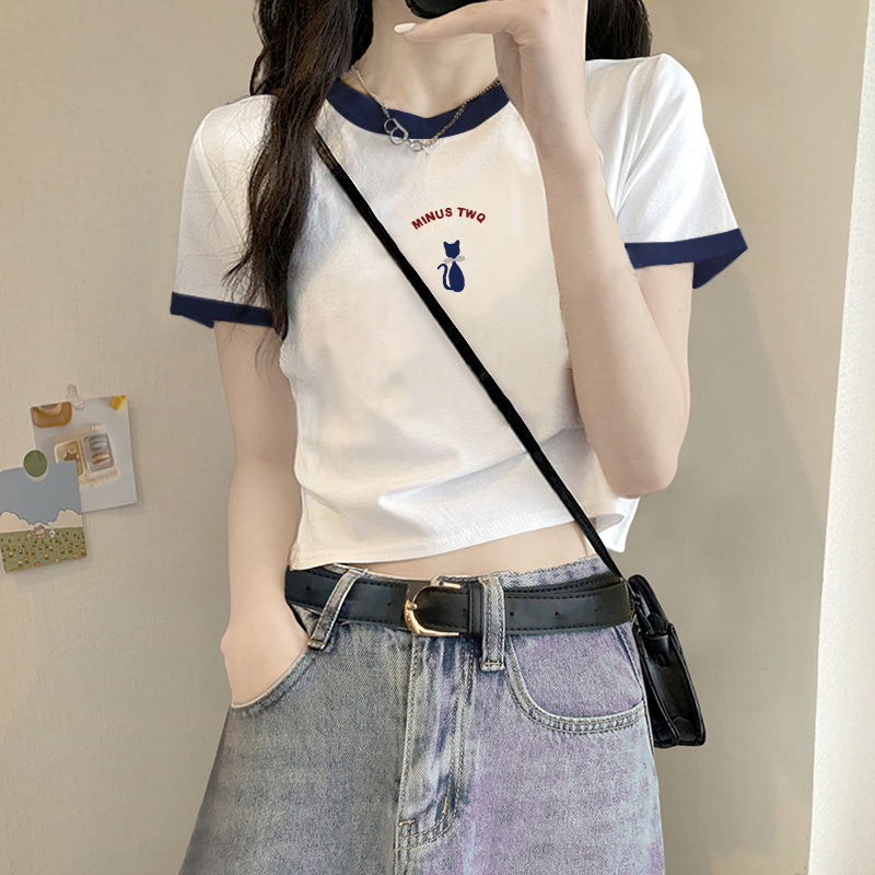 Contrast Color Short-Sleeved, Regular-Shoulder, Short-Cut Pure Cotton T-Shirt for Women, Summer High-Waisted, Unique and Chic Top for Petite Figures, Paired with Jeans Contrast Color Short-Sleeved, Regular-Shoulder, Short-Cut Pure Cotton T-Shirt for Women, Summer High-Waisted, Unique and Chic Top for Petite Figures, Paired with Jeans