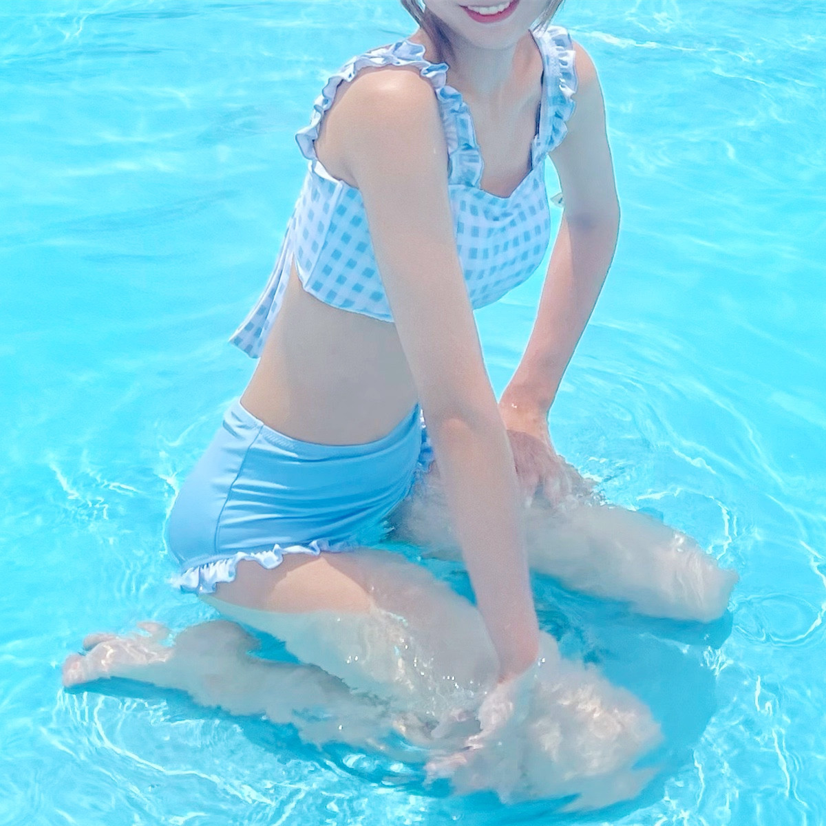 Japanese cute soft girl girl high waist swimsuit water blue plaid bow tie retro split body spring swimsuit