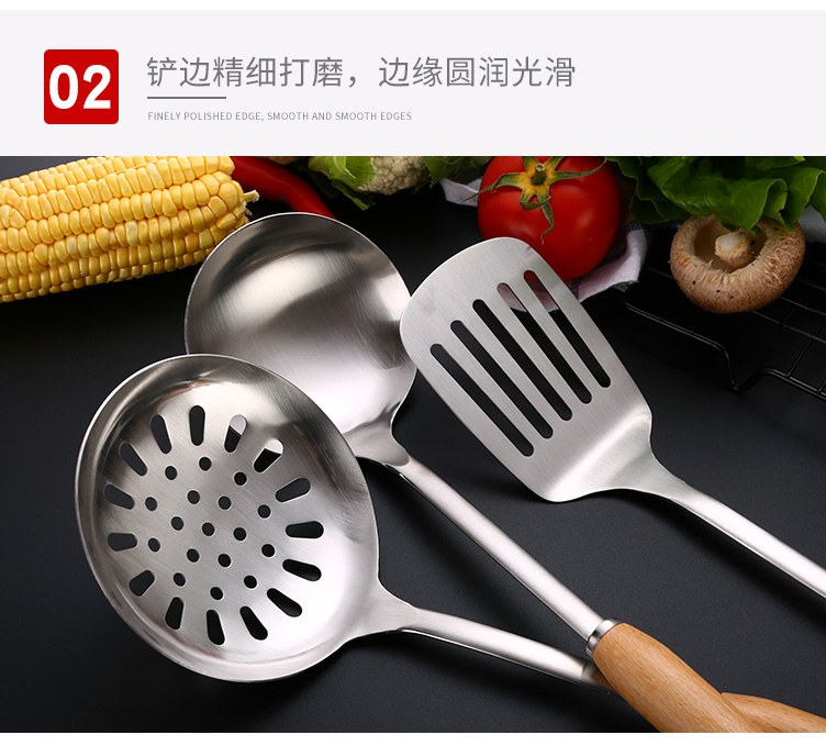 Thìa inox 304 榉 tay cầm gỗ chống vảy dụng cụ nhà bếp xẻng xẻng cán dài cán dày xào xào nấu xào kệ đựng gia vị trong tủ bếp