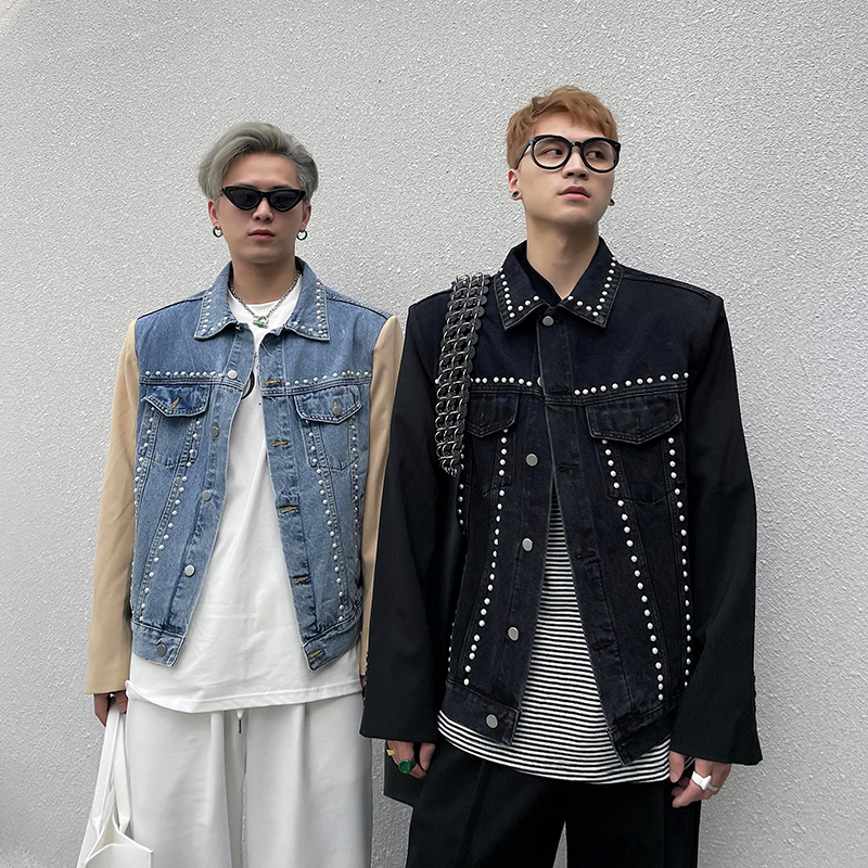 (Clear Cabin) 2022 Spring Festival Scalding Design Sensation Splicing Denim Jacket Mans Rivet Jacket Trending