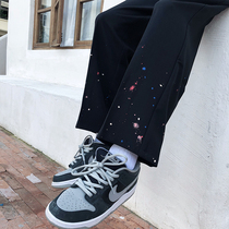 (Love to wear the gang) It's too fried. This pair of trousers has a feeling of falling ink and a design feeling of printing wide-legged loose straight trousers men.