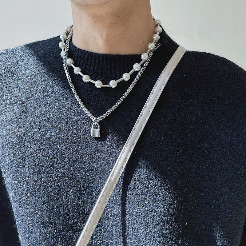 Shop Owner Self Leave Fake Two Combinations Ins Lock Bone Necklace Male Pearl Titanium Steel Small Crowdclass Superior Sensation Pendant Male Ornament