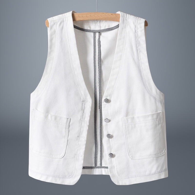 White Collarless Denim Vest Women's Short Spring and Summer New Loose Outer Vest Vest Top Jacket White Collarless Denim Vest Women's Short Spring and Summer New Loose Outer Vest Vest Top Jacket