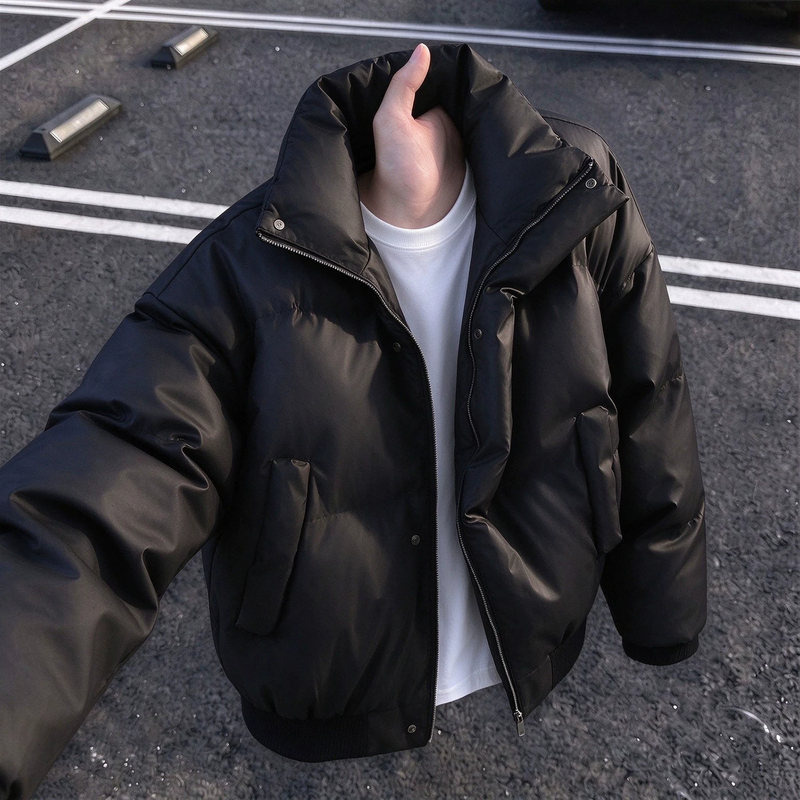 Black American-Style Pu Leather Short down Jacket for Men, Winter Trendy Brand Stand Collar Thickened Puffer Coat, Cold-Proof Cotton Outerwear