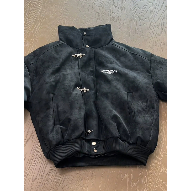 American Retro Tie-Dye Pu Leather down Cotton Jacket for Men, Winter Thickened Cotton Coat with Airplane Buckle, Stand Collar Short Motorcycle Jacket American Retro Tie-Dye Pu Leather down Cotton Jacket for Men, Winter Thickened Cotton Coat with Airplane Buckle, Stand Collar Short Motorcycle Jacket
