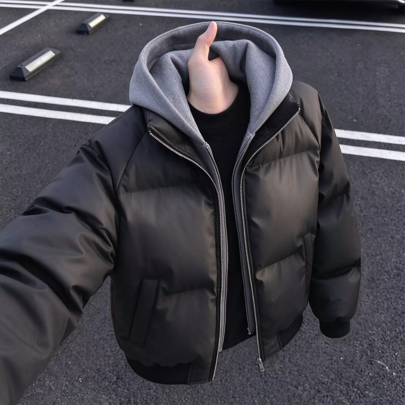 Black Pu Leather Faux Two-Piece Hooded down Jacket for Men, Winter Thickened Warm Cotton Coat, American-Style Short Puffer Jacket Black Pu Leather Faux Two-Piece Hooded down Jacket for Men, Winter Thickened Warm Cotton Coat, American-Style Short Puffer Jacket
