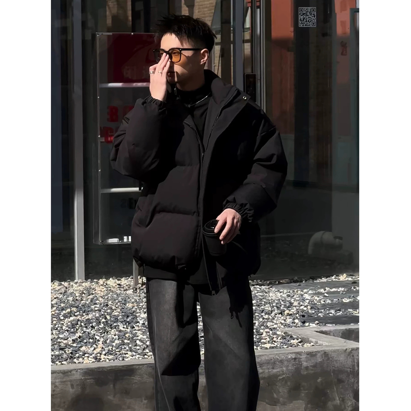 Black Jiujiang down Jacket for Men, Winter High-End Style, Large Size, Thick Cotton-Padded Jacket, Stand Collar, Trendy Brand Coat