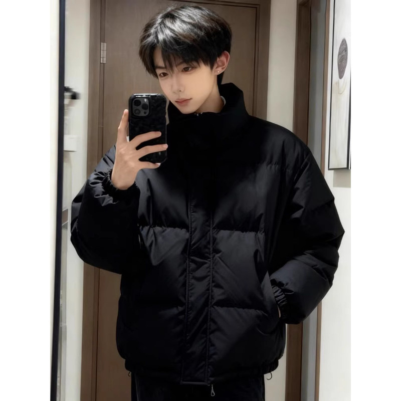 Black Stand-Collar down Cotton Jacket for Men, Winter Thickened Warm Coat, Cleanfit Oversized Cotton-Padded Jacket, Trendy Brand
