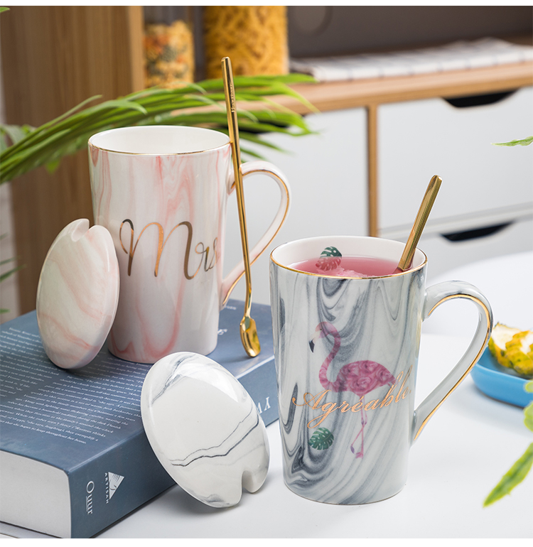 Mug ins hồng cô gái tim cẩm thạch chén gốm Bắc Âu vài cốc cốc cà phê có nắp đậy muỗng