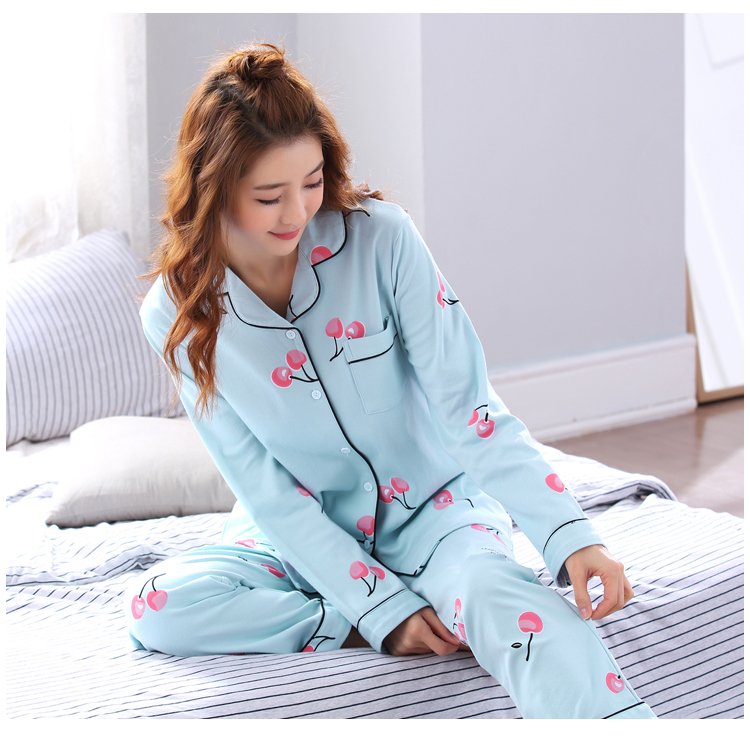 Cherry Blue cardigan Pyjama Phụ nữ dài tay Cherry M-XXL Yuan Áo dài tay pyjama áo kiểu nữ đẹp tuổi 35