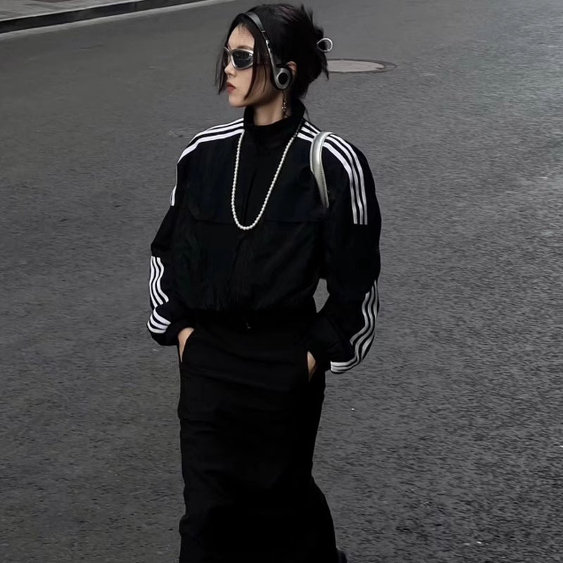 Brand Discount丨Striped Stand Collar Jacket Women's Spring and Autumn Embroidered Black Sports Casual Short Charge Jacket
