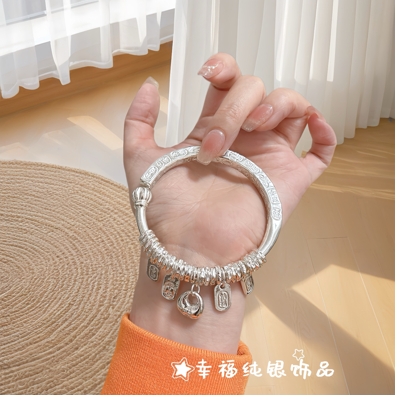 Handmade Pure Silver 999 Auspicious Pumpkin Head Plate Bracelet for Women, Sterling Silver Open Solid Bracelet for Girlfriend and Best Friend Handmade Pure Silver 999 Auspicious Pumpkin Head Plate Bracelet for Women, Sterling Silver Open Solid Bracelet for Girlfriend and Best Friend