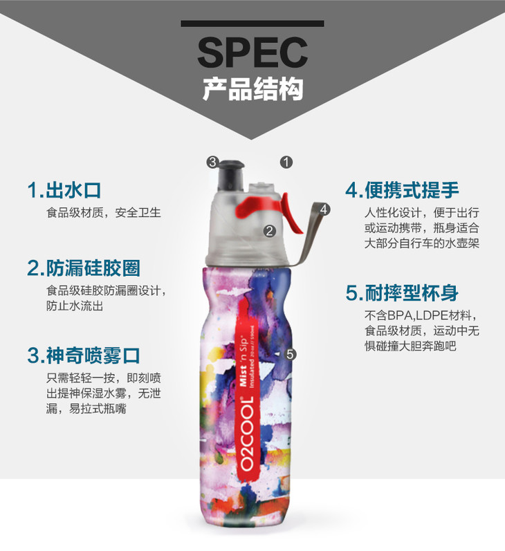 Hoa Kỳ O2COOL lạnh phun thể thao chai tập thể dục ngoài trời vỡ chống rò rỉ-proof nhựa unisex Cốc nước bình nước thể thao elmich