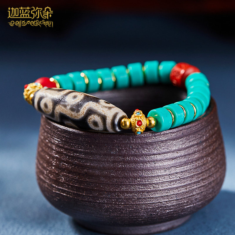 (Jia Tianzhu) Original Nine-Eyed Dzi Bead Bracelet Cinnabar Six-Character Proverbs Accessories Sherpa Beads Single Circle Men's and Women's Models