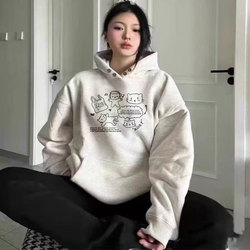 Heavyweight Pure Cotton Gray Hooded Sweatshirt for Women, Autumn and Winter 2025 New Design, Niche American High Street Style, Loose Hoodie