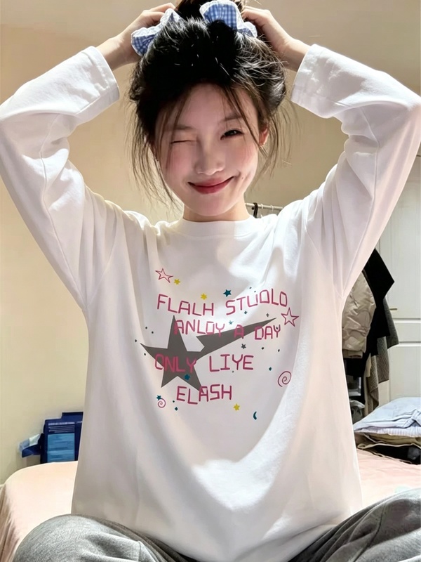Pure Cotton White Long-Sleeved T-Shirt for Women, Spring and Autumn Thin Style, American-Style Loose and Lazy Style Base Layer Shirt, Korean-Style Trendy Top