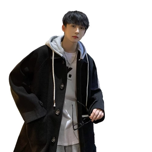 Мужской демисезонный длинный трендовый плащ, толстовка с капюшоном, шерстяное пальто, куртка, средней длины