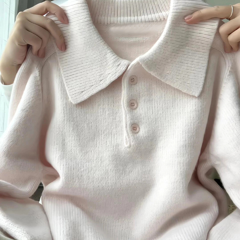 Korean-Style Lapel Polo Collar Knit Sweater for Women, Early Autumn, Loose, Soft, White-Pink, Gentle, Versatile Pullover Sweater Jacket Korean-Style Lapel Polo Collar Knit Sweater for Women, Early Autumn, Loose, Soft, White-Pink, Gentle, Versatile Pullover Sweater Jacket