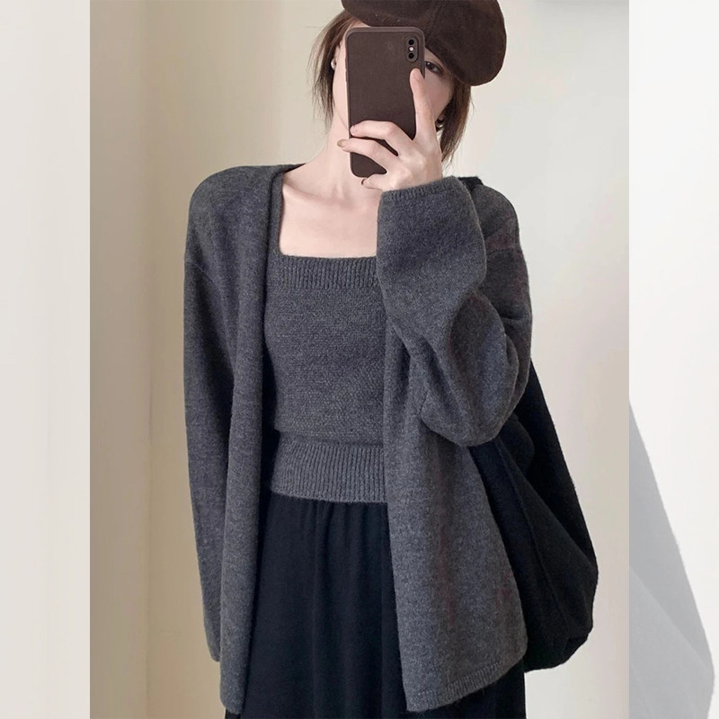 Korean Style Lazy Gray Knitted Cardigan Two-Piece Set for Women Early Autumn and Winter Square Neck Camisole Jacket Loose Suit