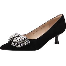 Qianbaidu Rhinestone Bow Stiletto High Heels Womens 2024 Autumn New Pointed Toe Shallow Mouth Sheepskin French Shoes