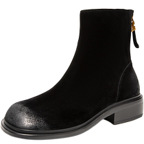 (New) Qianbaidu genuine leather fashion boots for women 2024 winter new fashion commuter mid-heeled slim short boots