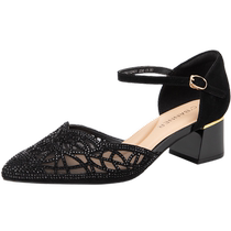 Qianbaidu rhinestone hollow fairy sandals 2024 summer new pointed toe thick heel hollow toe fashion sandals