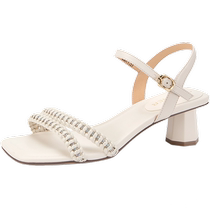 Qianbaidu one-word strap fashion sandals for women 2024 summer new style thick high heels with skirts versatile and beautiful sandals