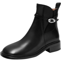 (New) Qianbaidu Sheepskin Fashion Boots Womens 2024 Winter New Fashion Commuting Medium Heel Short Boots Slim