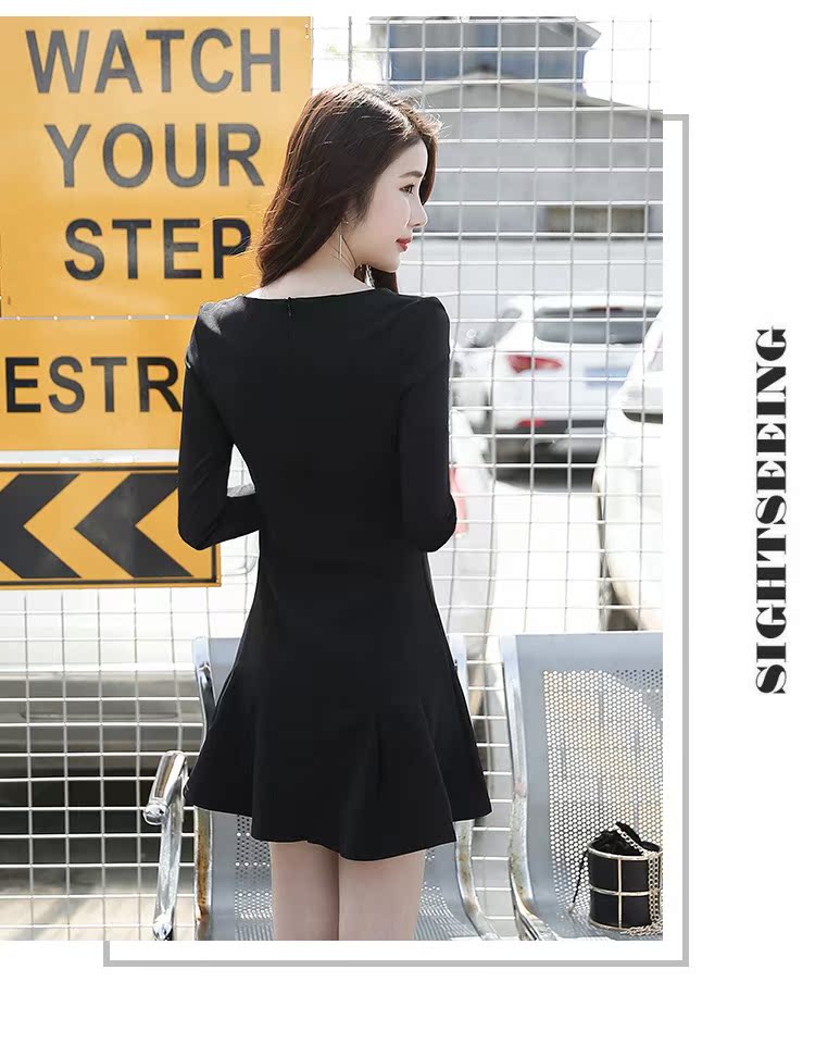 Đáy váy nữ mùa thu và mùa đông quần áo 2018 mới đuôi cá dài tay áo đoạn ngắn một từ váy đen Hepburn nhỏ váy đen váy xòe xếp ly