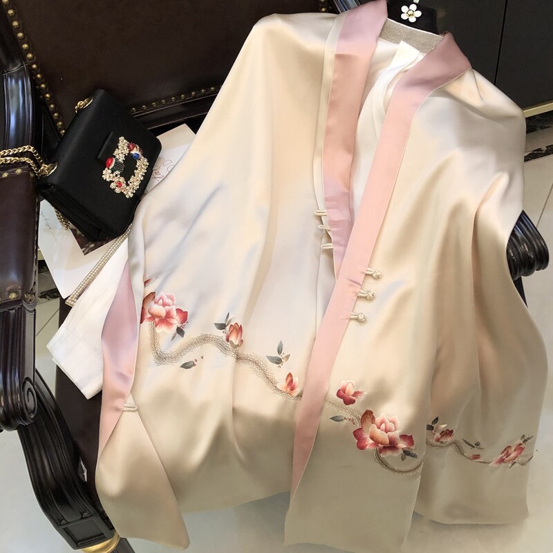 Pouring Peony National Wind Heavy Industry Su Embroidery Mulberry Silk Scarf Silk Scarf Female Hand Embroidered Disc Buckle Large Shawl