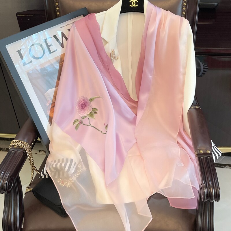 Pink Gradual Layer Mountain Tea Flowers Handmade Embroidery Real Silk Scarlet Girl Spring Summer New Mulberry Silk Embroidered Cape