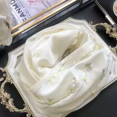 Milk white rosemary embroidered silk scarf Women's double-sided embroidered wild mulberry silk long scarf spring and summer shawl