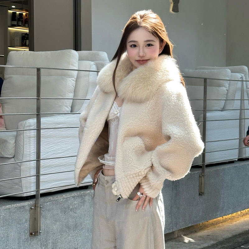 Lamb Wool Coat for Women 2025 Winter New Style Petite Plush Short Top with High-End Feel and Lamb Wool Collar