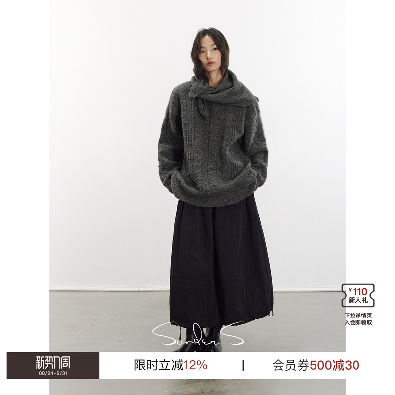 Sonders Retro Lazy Style Looped Three-Dimensional Cable Knit Scarf and Pullover Sweater 2-Piece Set