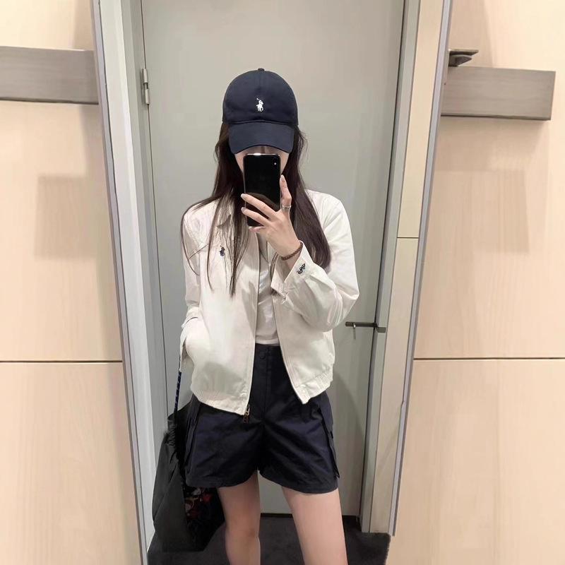 Cross-Border Qr Code Scanable Rl Raff Blue and White Color-Blocked Lapel White Series Retro Flight Jacket for Women