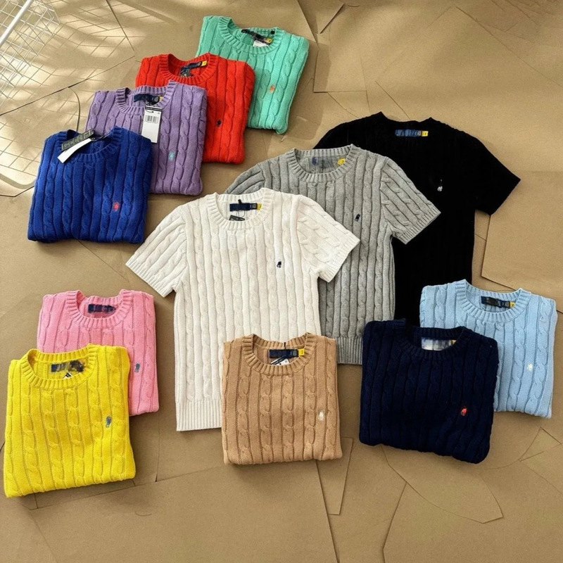 Nanyou Correct Version High-Quality Ribbed Knit Short-Sleeve T-Shirt with Pony Logo Embroidery, Cable Knit Casual Crew Neck Sweater for Women