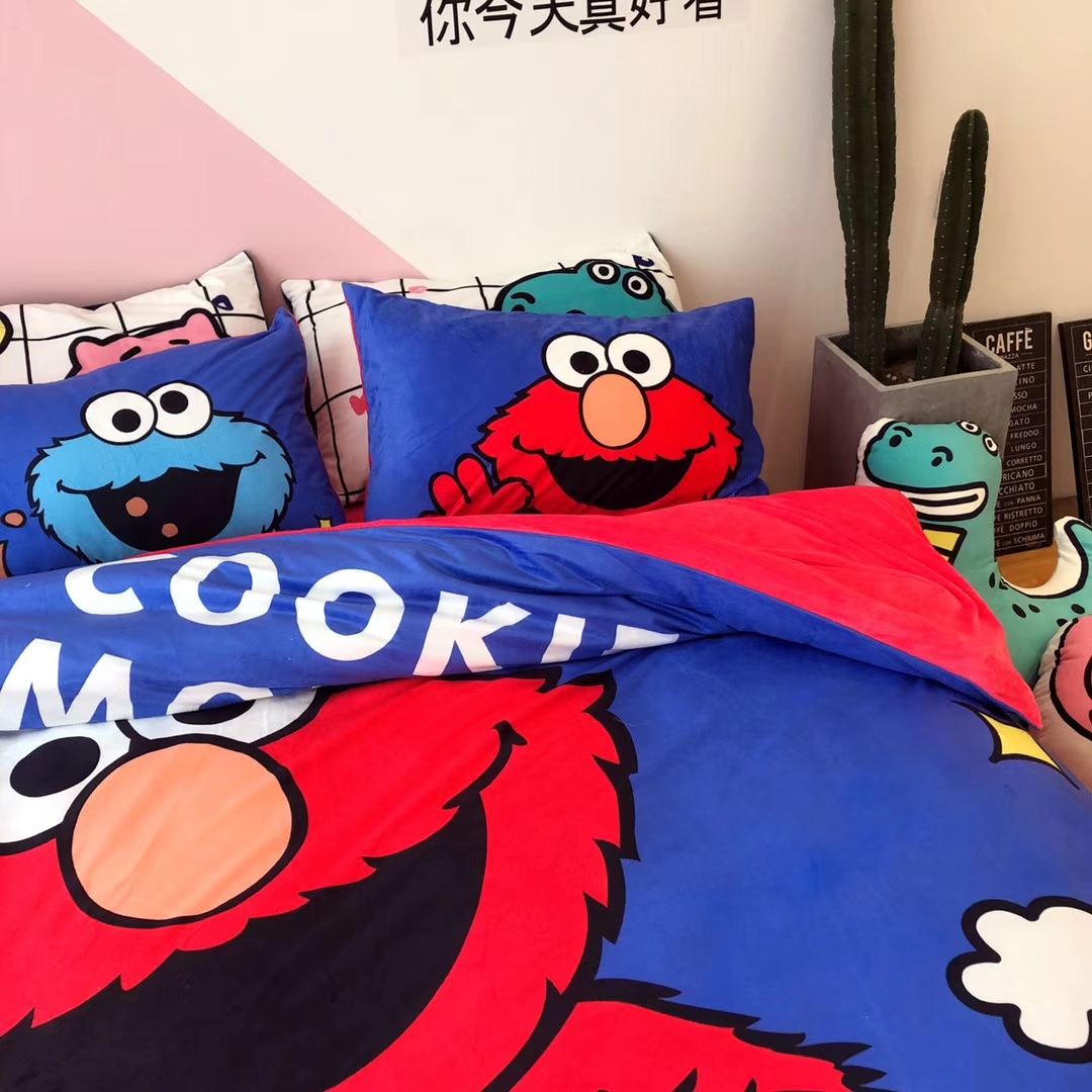 Sesame Street Elmo nhung ấm cashmere bé bánh quy gia đình lạ bốn tấm giường Dongkuan áp dụng 1.8m - Bộ đồ giường bốn mảnh mẫu chăn ga gối đệm đẹp