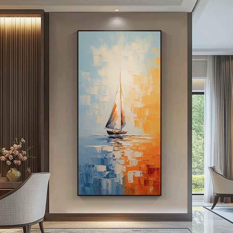 Original Design New Model "Orange Sails Breaking Waves" Smooth Sailing Living Room Hanging Painting Abstract Texture Oil Painting Entrance Mural