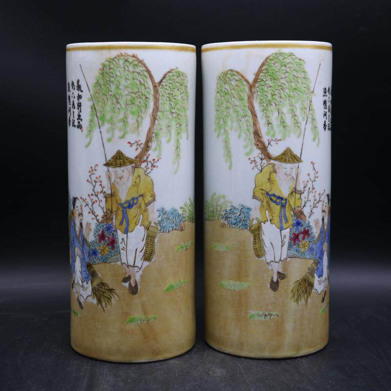 Republic Of China Pink Hand-painted Fishing and Q&A Arrow Cylinder Desk Porcelain Pendulum Pieces Antique Vintage Collection of Old and Old Goods Collection