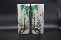 Republic of China hand-painted pastel glory and wealth hat tube flower and bird pattern porcelain old factory goods study home painting tube antique ornaments