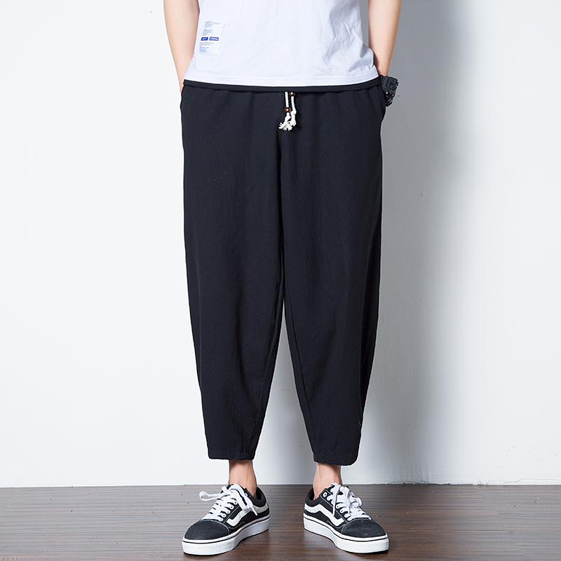 Chinese style flax pants men summer loose casual nine-pants men broad legs pants tide cotton halun pants