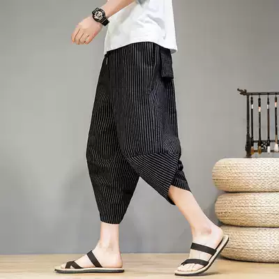 Summer linen three-point pants Men's loose beach shorts trend fat large size romper pants Chinese style bloomers