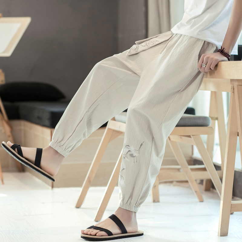 Spring Chinese style menswear trend cropped slacks loose oversized lantern pants cotton hemp embroidery corset harun pants