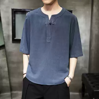 Chinese style men's Chinese linen short sleeve Tang suit large size plate buckle hemp material T-shirt male ethnic style embroidery wide pine summer