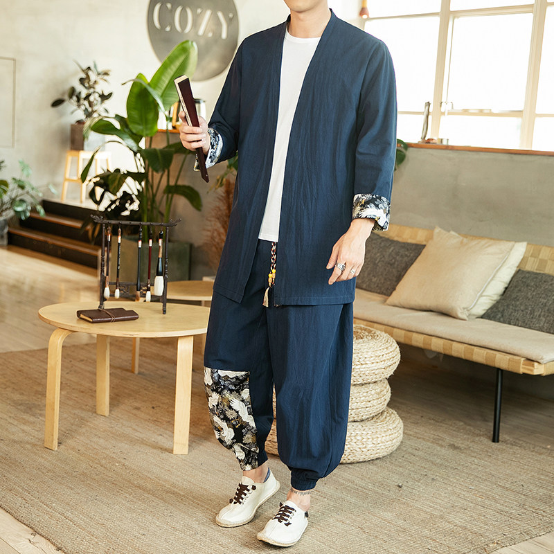 Chinese style Buddhist men's clothing youth tide brand Chinese style Tang suit Hanfu ancient costume retro style tunic linen suit men