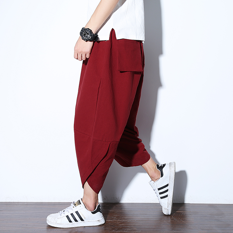 Summer linen cropped pants men's trend large size bloomers Thai wide-legged lob pants loose casual harem pants