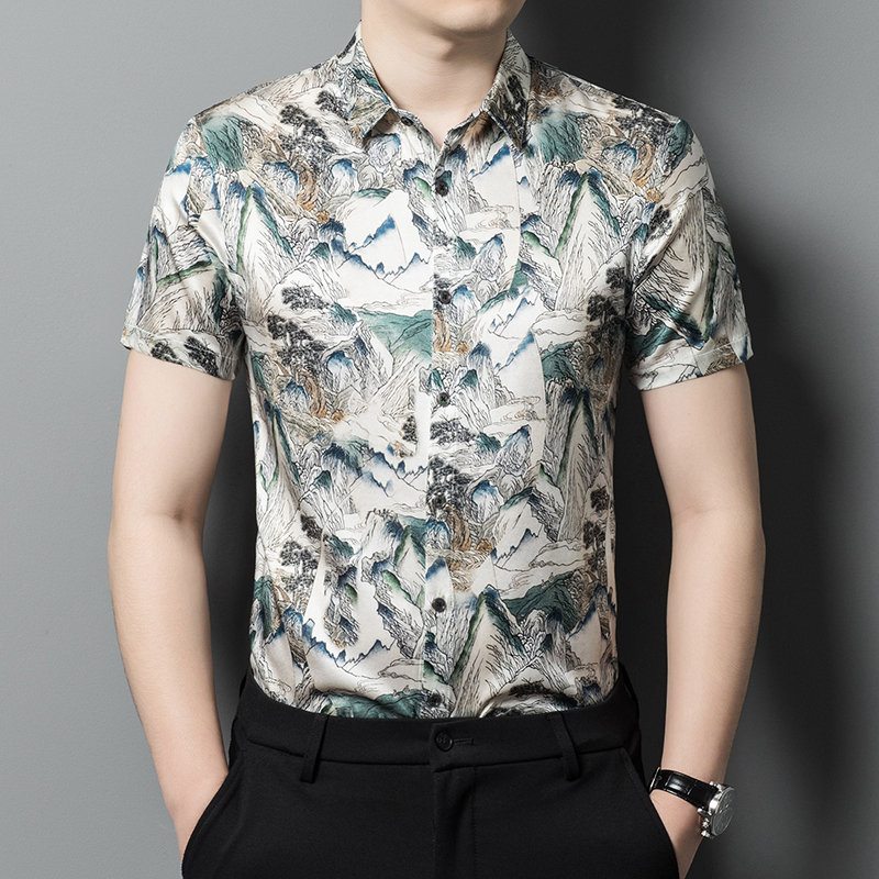 Summer Chi Armanian men's Short Sleeve Shirt Business Leisure Free Solar Silk High-end Printed Ice Shirt