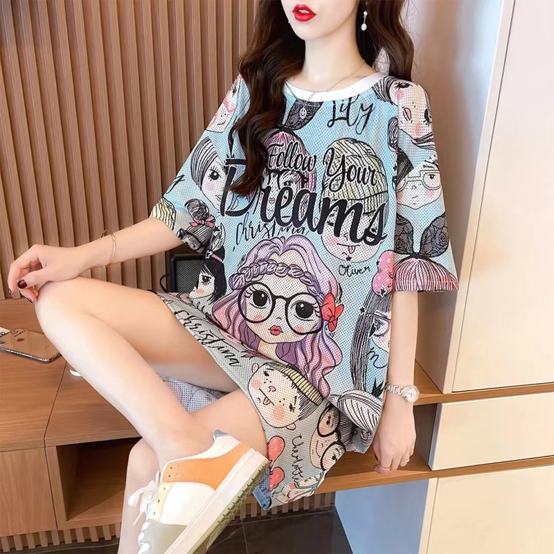 Ice Silk Mesh Quick-Drying Dress for Women, Summer Mid-Length Short-Sleeved Cartoon T-Shirt, Women's Large Size Loose Pajama Dress Ice Silk Mesh Quick-Drying Dress for Women, Summer Mid-Length Short-Sleeved Cartoon T-Shirt, Women's Large Size Loose Pajama Dress